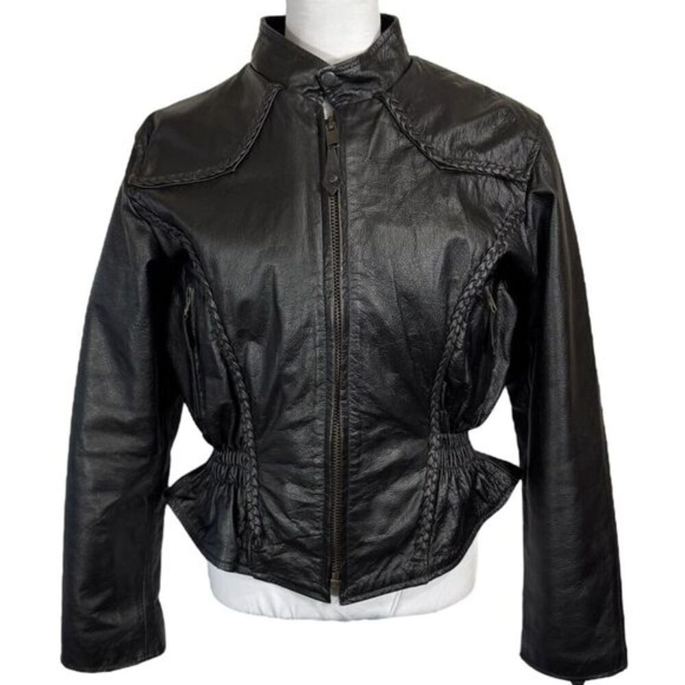 Vintage‎ Fitted Black Leather Moto Jacket L Cinched Waist Braided Studded Biker